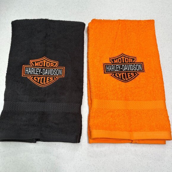 Harley Davidson Towels Embroidered Hand Towel Set Black Orange Bathroom Decor - Picture 1 of 7